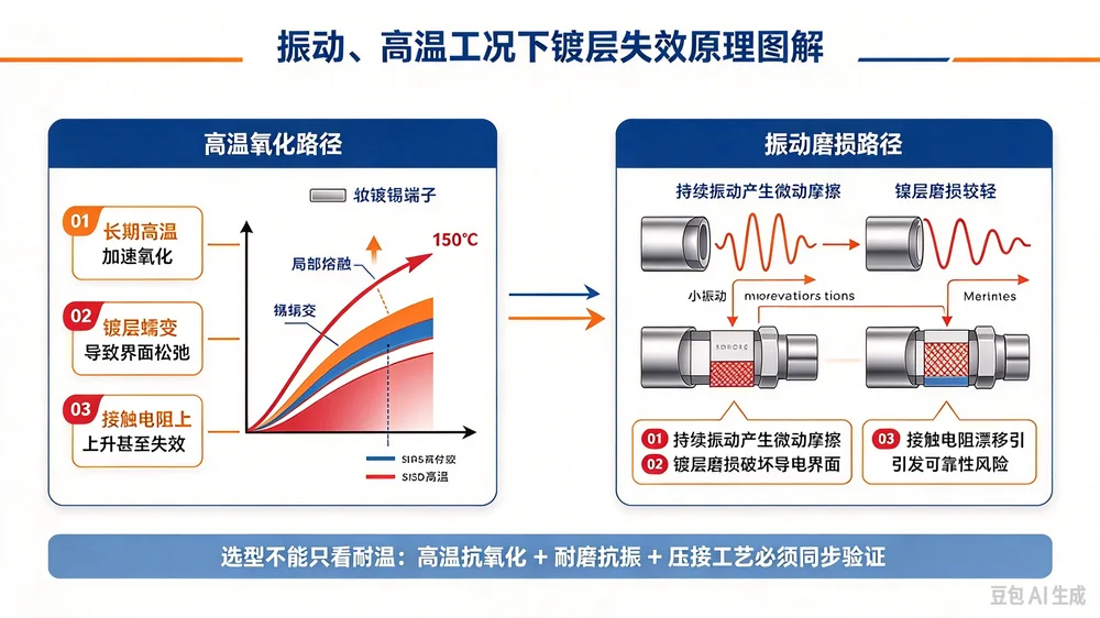 镀锡端子与镀镍端子对比｜航空线束镀层选型不只是耐温差异 示意图