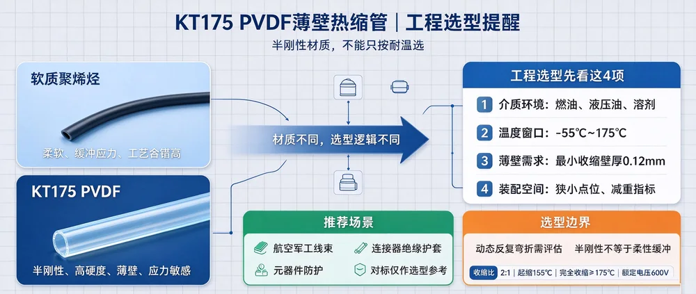 半硬性 PVDF 热缩管烘烤工艺怎么控？KT175 辐照交联套管参数与选型边界 示意图